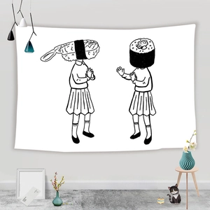 Detail of minimalist black and white wall tapestry showing personified sushi characters