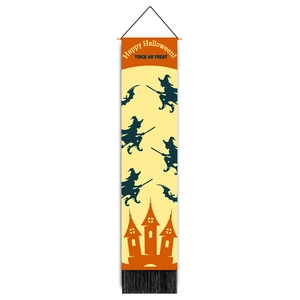 Halloween wall banner featuring witches, bats, castle silhouettes, and black tassels