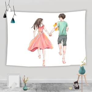 Detail of minimalist wall tapestry with romantic couple illustration on a grey wall