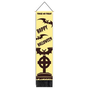 Close-up of Halloween hanging banner with Trick or Treat text, bats and black tassels