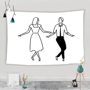 Detailed view of La La Land silhouette line art on a minimalist white hanging tapestry