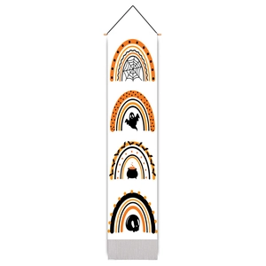 Vertical Halloween wall banner with boho rainbow designs featuring ghosts and pumpkins