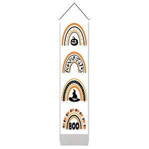 Vertical Halloween wall tapestry featuring festive rainbows with pumpkins, bats and boo text