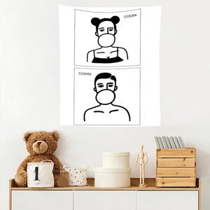 Minimalist black and white line art tapestry featuring figures blowing bubbles on white fabric