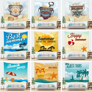 Summer Beach Tapestry Wall Hanging Polyester Peach Skin Fabric Landscape Digital Print Decor Cloth With Hooks For Home Room
