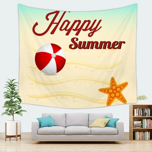 Detail of Happy Summer tapestry with beach ball and starfish on a living room wall