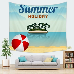 Summer Holiday beach island wall tapestry with palm trees and beach ball over a sofa