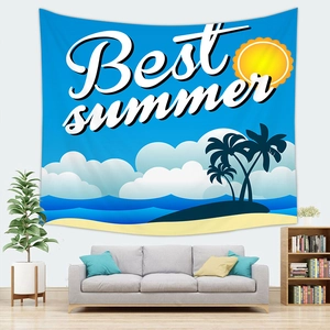Detail of tropical beach wall tapestry with blue ocean waves and Best Summer text