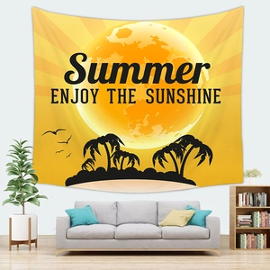 Macro shot of sunset beach tapestry featuring sun and palm trees above a modern sofa