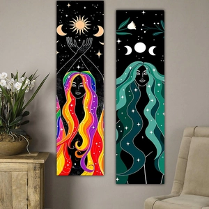 Long Wall Hanging Tapestry Polyester Brushed Peach Skin Fabric Bohemian Sun Moon Star Illustration Artistic Vertical