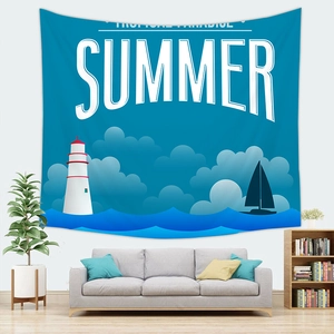 Detail of tropical paradise summer wall tapestry showing light fabric texture and seaside graphics