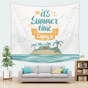 Detail of beach island tapestry with coconut trees and summer quote on living room wall