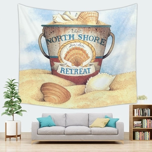 Detail of beach themed tapestry with North Shore Retreat seashell bucket on living room wall