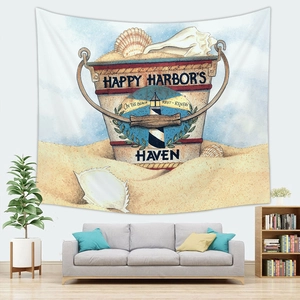 Retro beach island tapestry featuring shells and lighthouse for home wall decoration
