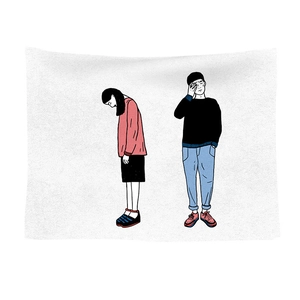 Minimalist wall tapestry with modern line art illustration of a man and woman
