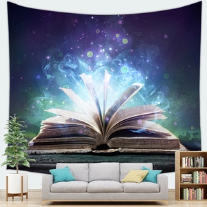Macro view of magical fantasy book pattern on starry galaxy wall tapestry decor