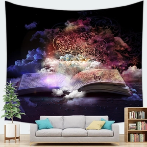 Macro shot of galaxy tapestry featuring a glowing book design with celestial nebula details