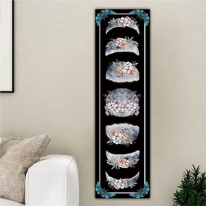 Vertical black moon phase tapestry with vintage floral patterns and blue butterflies