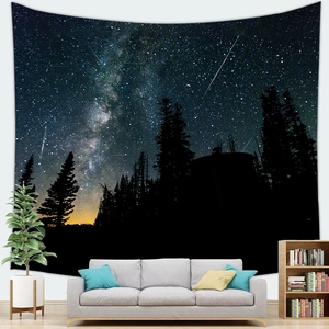 Detailed galaxy tapestry showing stars and silhouettes on a cozy living room sofa wall