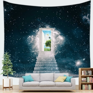 Surreal galaxy tapestry showing a gateway to forest displayed over a modern white sofa