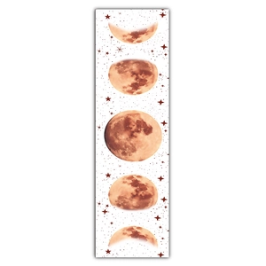 Detailed moon phases tapestry showing five lunar stages in warm orange texture