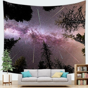 Large galaxy wall tapestry with starry night and forest silhouette for bedroom decor