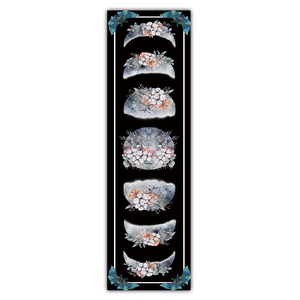 Vertical moon phase tapestry with floral botanical details and butterfly accents