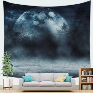 Detailed view of the galaxy tapestry featuring a full moon and forest in a cozy room