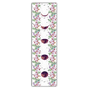 Vertical detail of moon phase cycles with purple flowers on white peach skin fabric tapestry