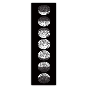 Vertical lunar phases wall tapestry showing hand-drawn moon cycles on black peach skin fabric