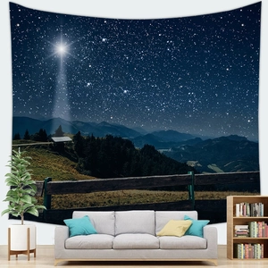 Starry night sky tapestry with mountains and forest wall hanging for room decor