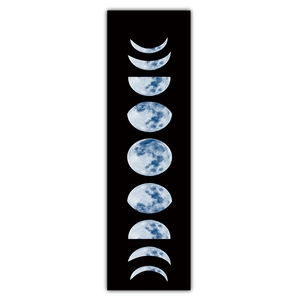 Vertical detail of moon phase cycle tapestry with realistic lunar craters on black fabric