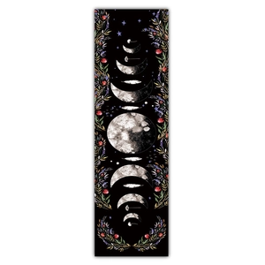 Vertical wall hanging featuring moon phase cycles with dried flowers on black fabric
