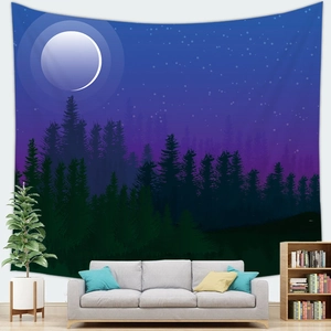 Detail of forest moonlit tapestry showing pine silhouettes and a purple starry sky gradient