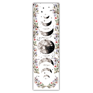 Detail showing lunar eclipse cycle phases with colorful flowers and feathers on tapestry