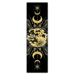 Detailed close-up of celestial moon phase tapestry with gold foil starry pattern