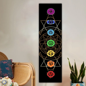 Vertical black moon phase tapestry with seven colorful chakra symbols and gold geometry