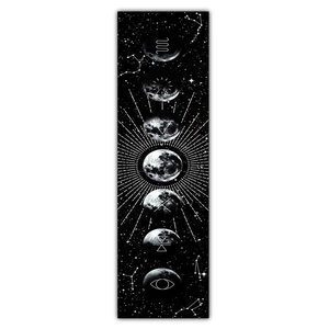 Vertical black tapestry detail with seven lunar phases and mystical geometric symbols