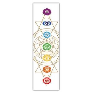 Close-up of vertical seven chakras tapestry with sacred geometry patterns on white fabric