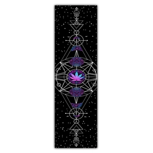 Vertical black moon phase tapestry featuring purple holographic leaf and starry patterns