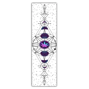 Macro detail of lunar cycle wall tapestry featuring a purple hemp leaf and geometric lines