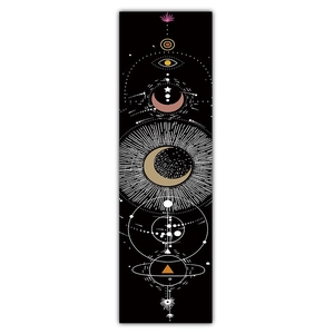 Vertical lunar eclipse wall tapestry with geometric mystic art patterns in black and gold