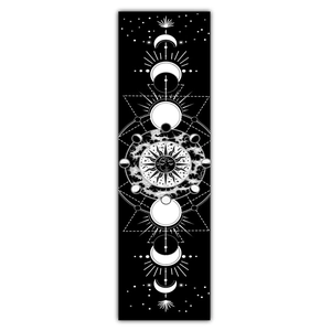 Vertical lunar eclipse tapestry showing phases of the moon and sun in black and white