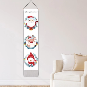 Hanging Christmas wall banner with Santa, deer, and snowman motifs plus grey tassels