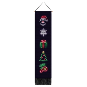 Vertical Christmas banner with neon Santa and tree motifs on a brick background with tassels