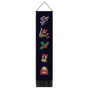 Christmas wall hanging with five neon holiday icons on black fabric with wood rod