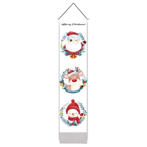 Close-up of a Christmas wall scroll with hand-drawn Santa, reindeer, and snowman icons
