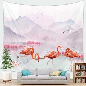 Detail showing the fine texture of a tapestry with flamingo and mountain landscape art