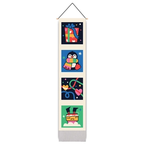 Vertical Christmas wall hanging banner with cartoon penguin and festive gift box illustrations