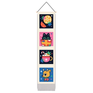 Vertical Christmas wall hanging with cartoon cat, orange, cocoa and deer illustrations